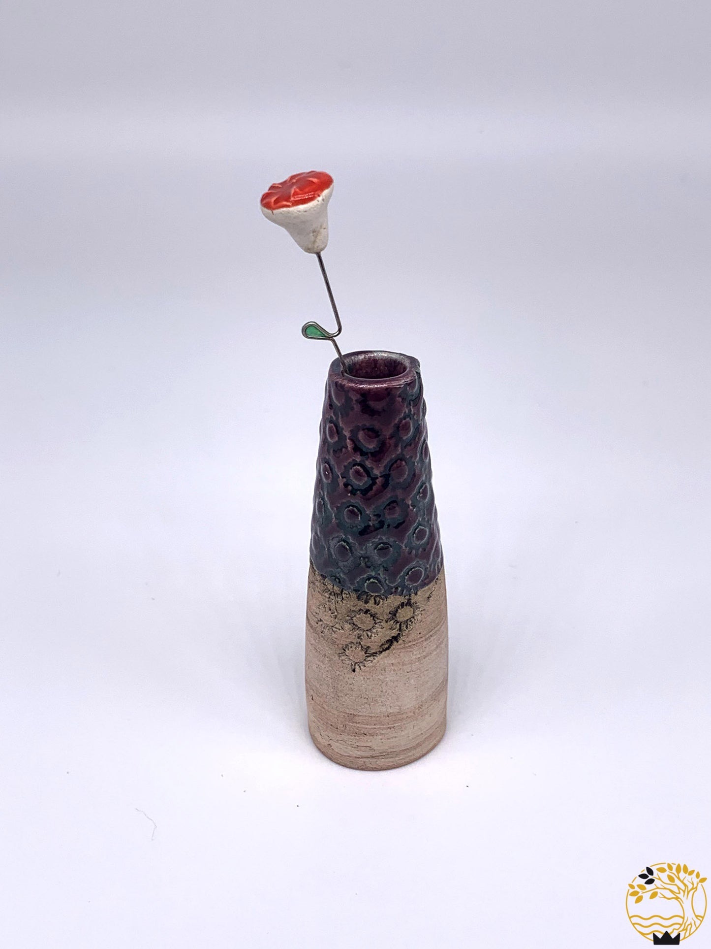 Keramik Vase mit Blume in violett/grün