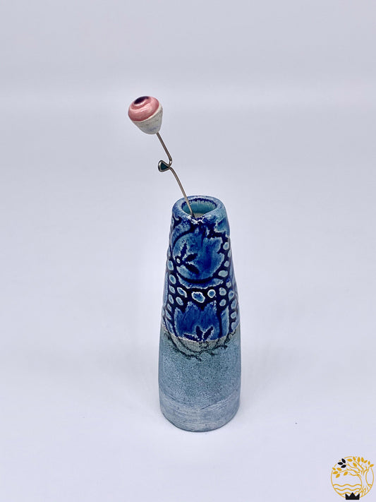 Keramik Vase mit Blume blau/rosa