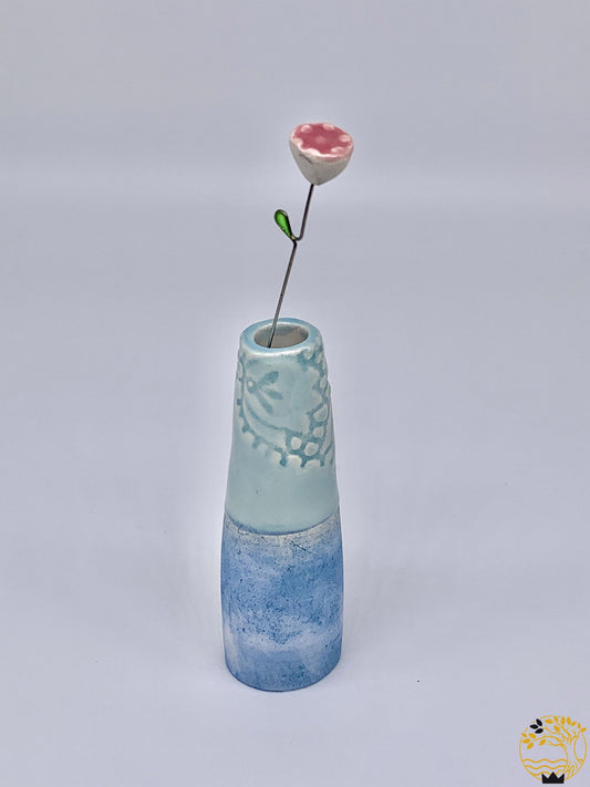 Keramik Vase mit Blume in türkis/rosa