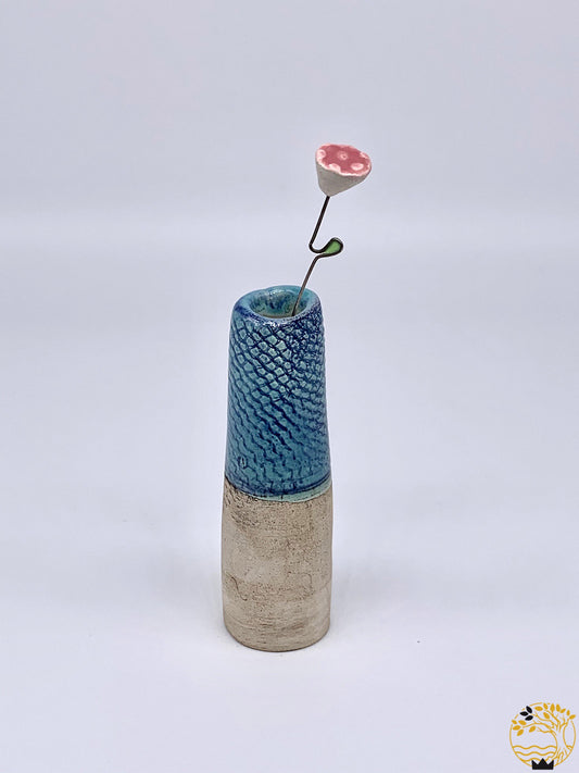 Keramik Vase mit Blume in blau/rosa