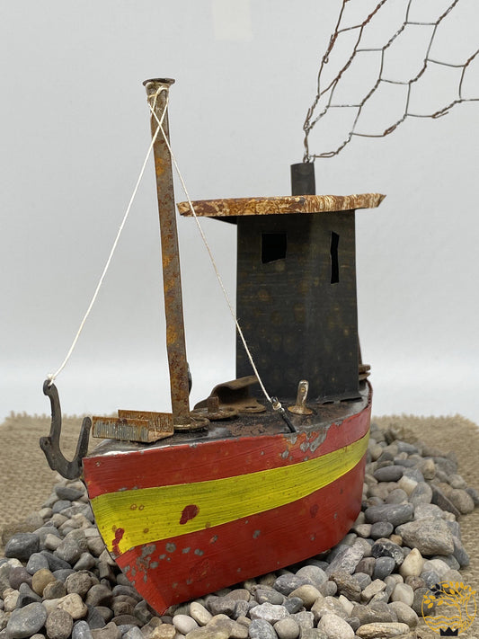 Fischerboot zum Aufstellen aus recyceltem Material rot/gelb